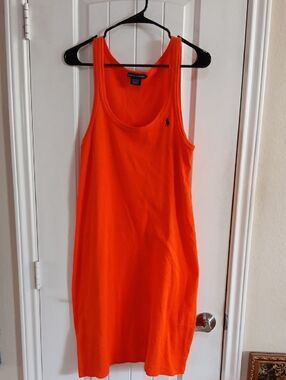 Ralph Lauren Vibrant Orange Cotton Knit Tank Dress Navy Pony